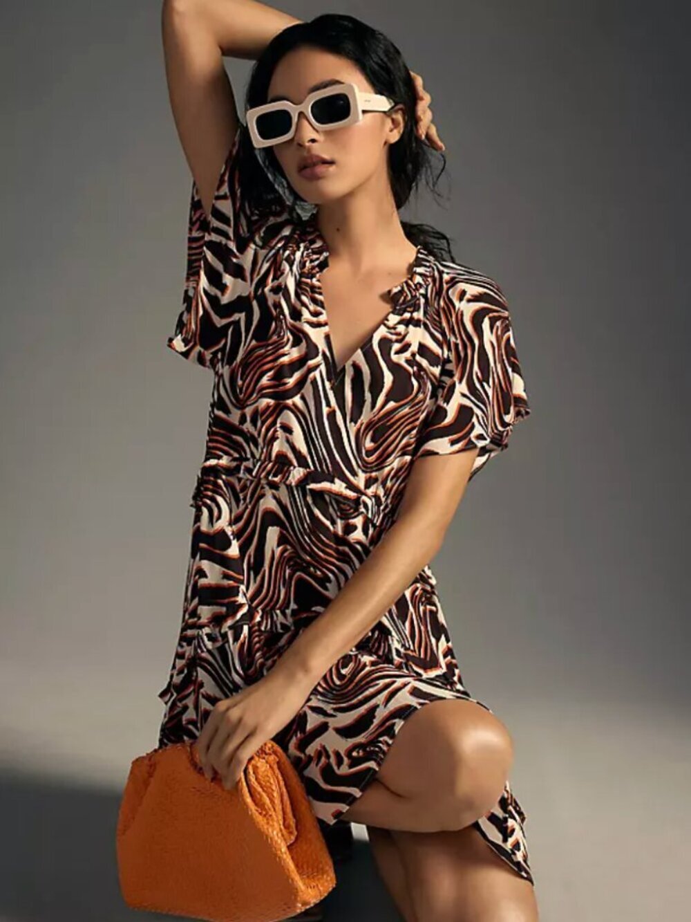 By Anthropologie Robin Tiered Marble Zebra Mini Flutter Sleeve Flowy Dress, M